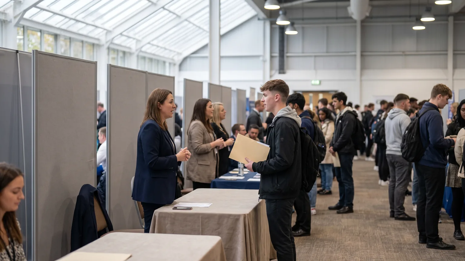A recruiter talking with a candidate across a cloth-draped table at a careers event in a bright hall.