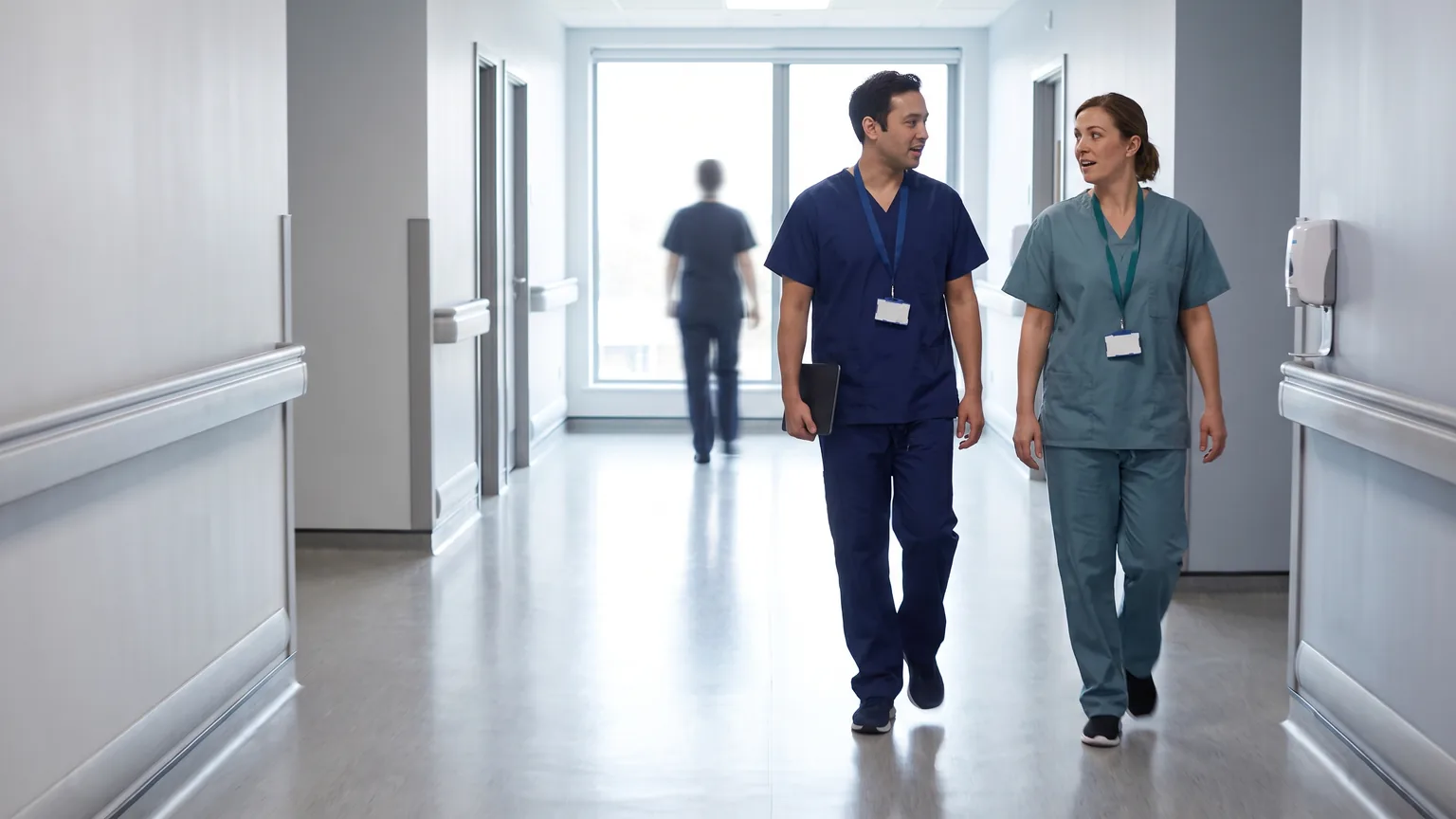 Two clinicians in plain scrubs walking and talking along a bright hospital corridor.