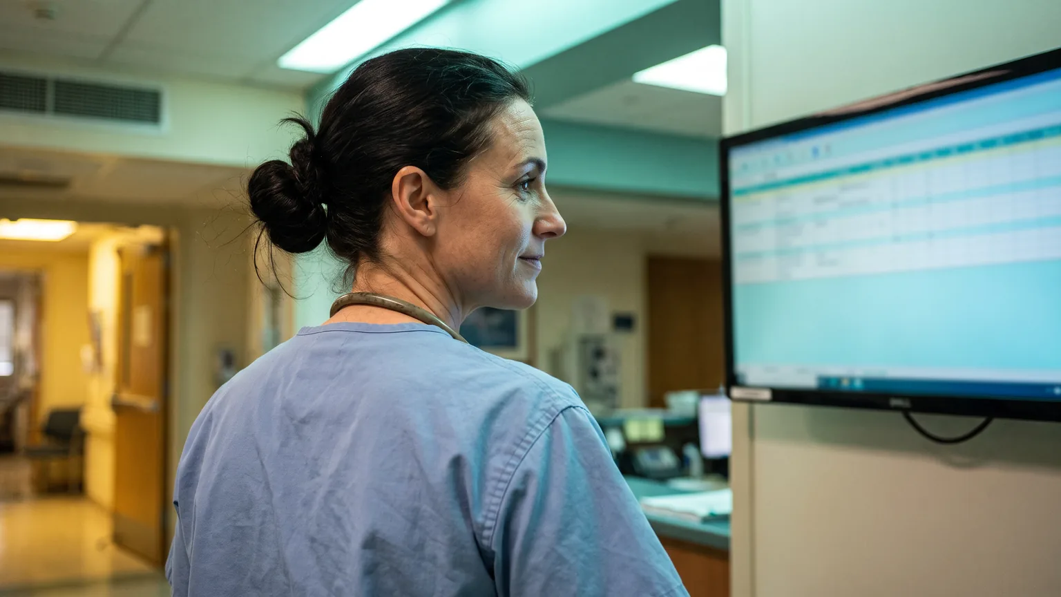 A nurse in light blue scrubs reviewing a chart on a monitor at a nurses’ station.