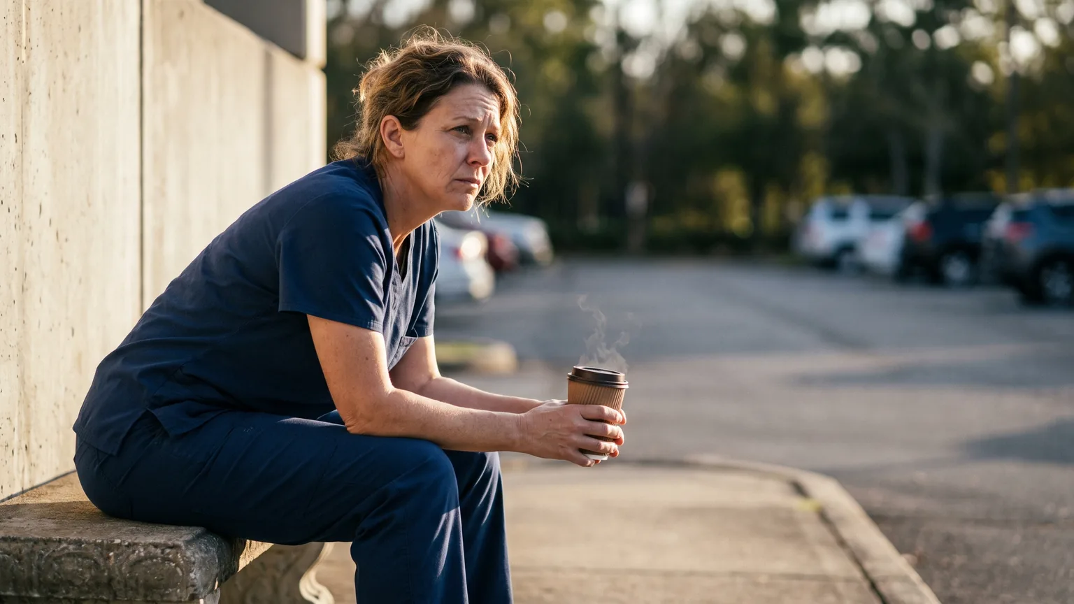 A healthcare worker in scrubs sitting alone on a bench outside a hospital, holding a paper cup.