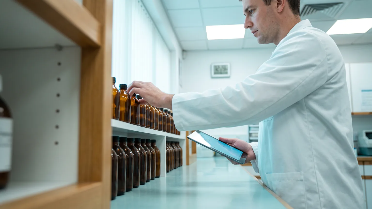 A pharmacist in a white coat reaching to a shelf of amber bottles while checking a tablet.