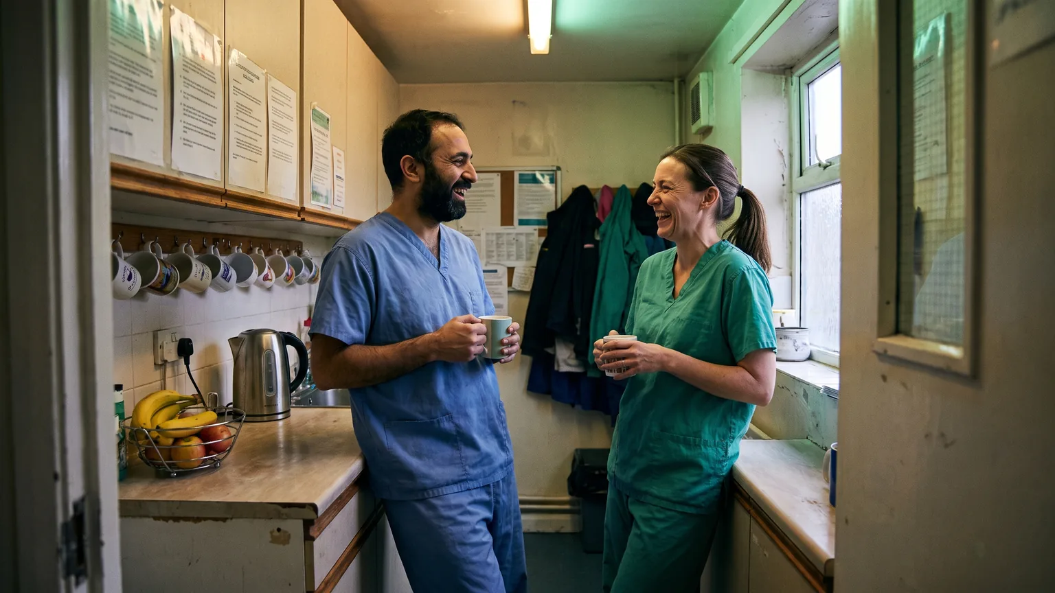 Two colleagues in scrubs leaning against a counter in a staff room, mugs in hand, mid-laugh.