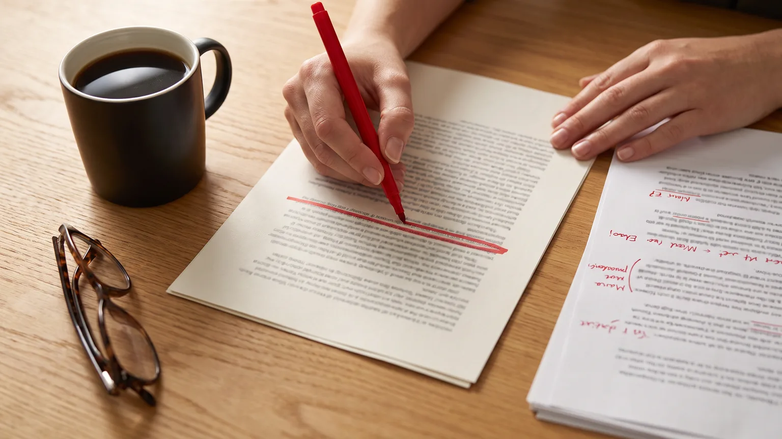 A hand striking a red pen through a paragraph on a printed page, with more marked-up pages alongside.
