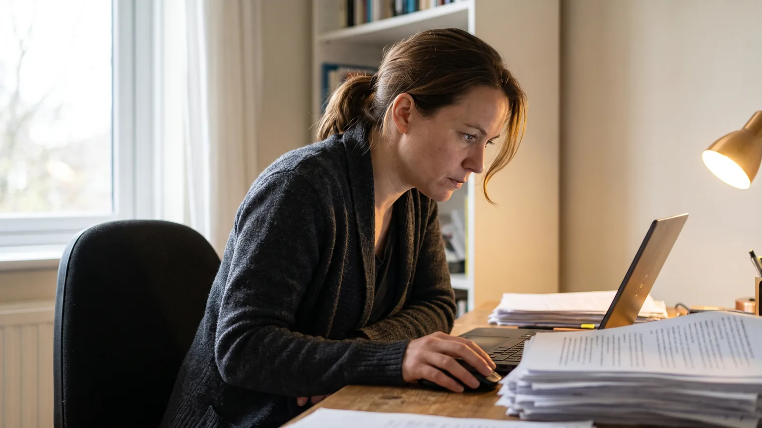 A woman at a home desk editing a long document on a laptop, with a thick stack of printed pages beside her.