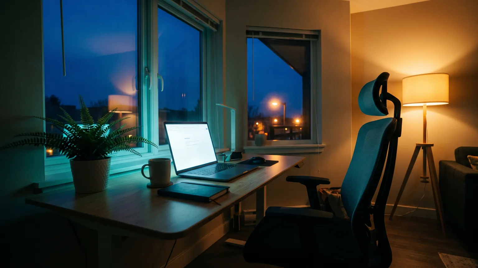 A quiet home study at dusk with an empty chair and a laptop glowing softly on the desk.