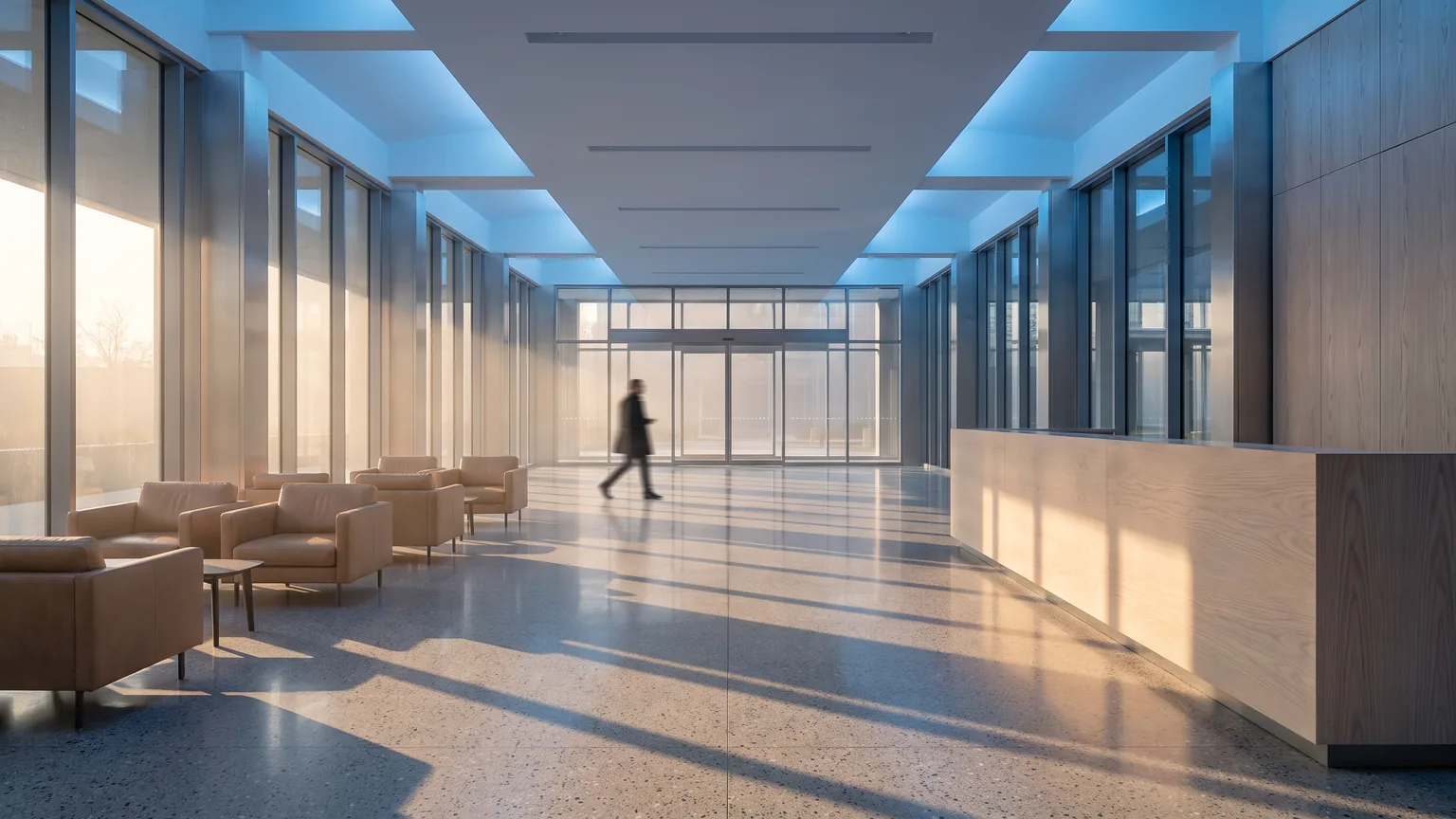 A large office lobby early in the morning, sunlight casting long window shadows across a polished floor.