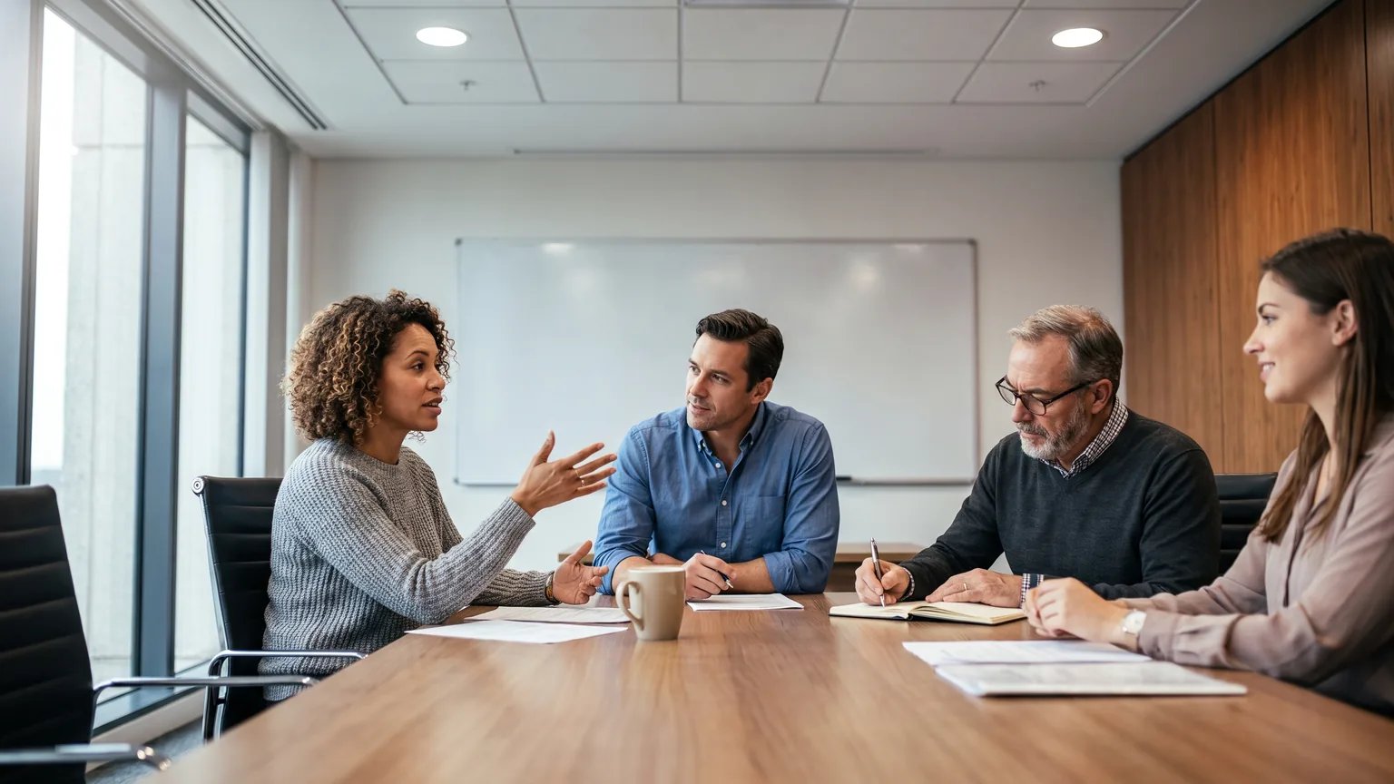 Four colleagues of mixed ages talking around the end of a meeting-room table.