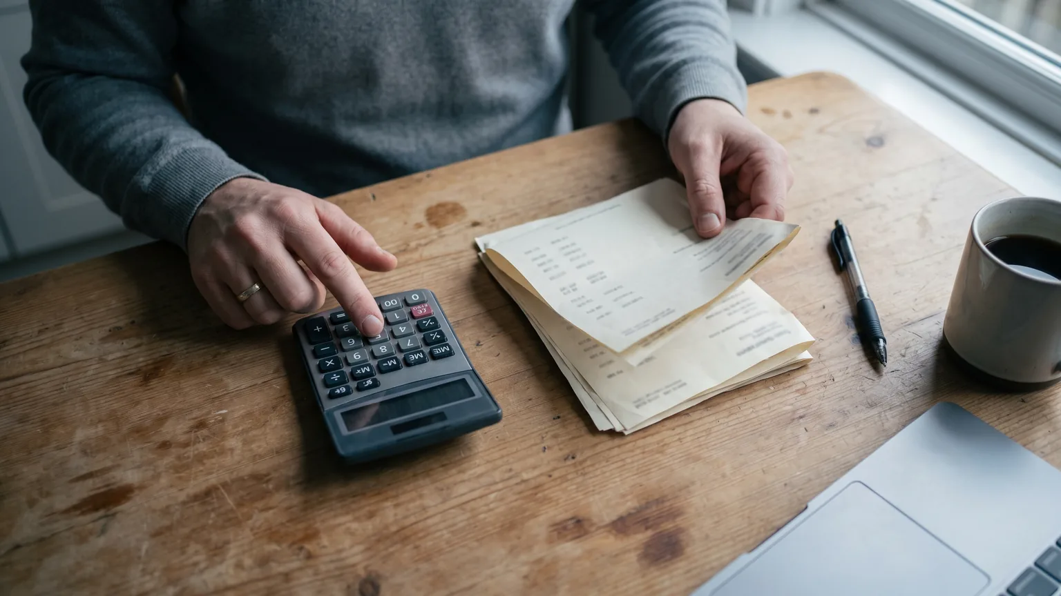 Hands using a pocket calculator beside a small stack of unmarked statements on a kitchen table.