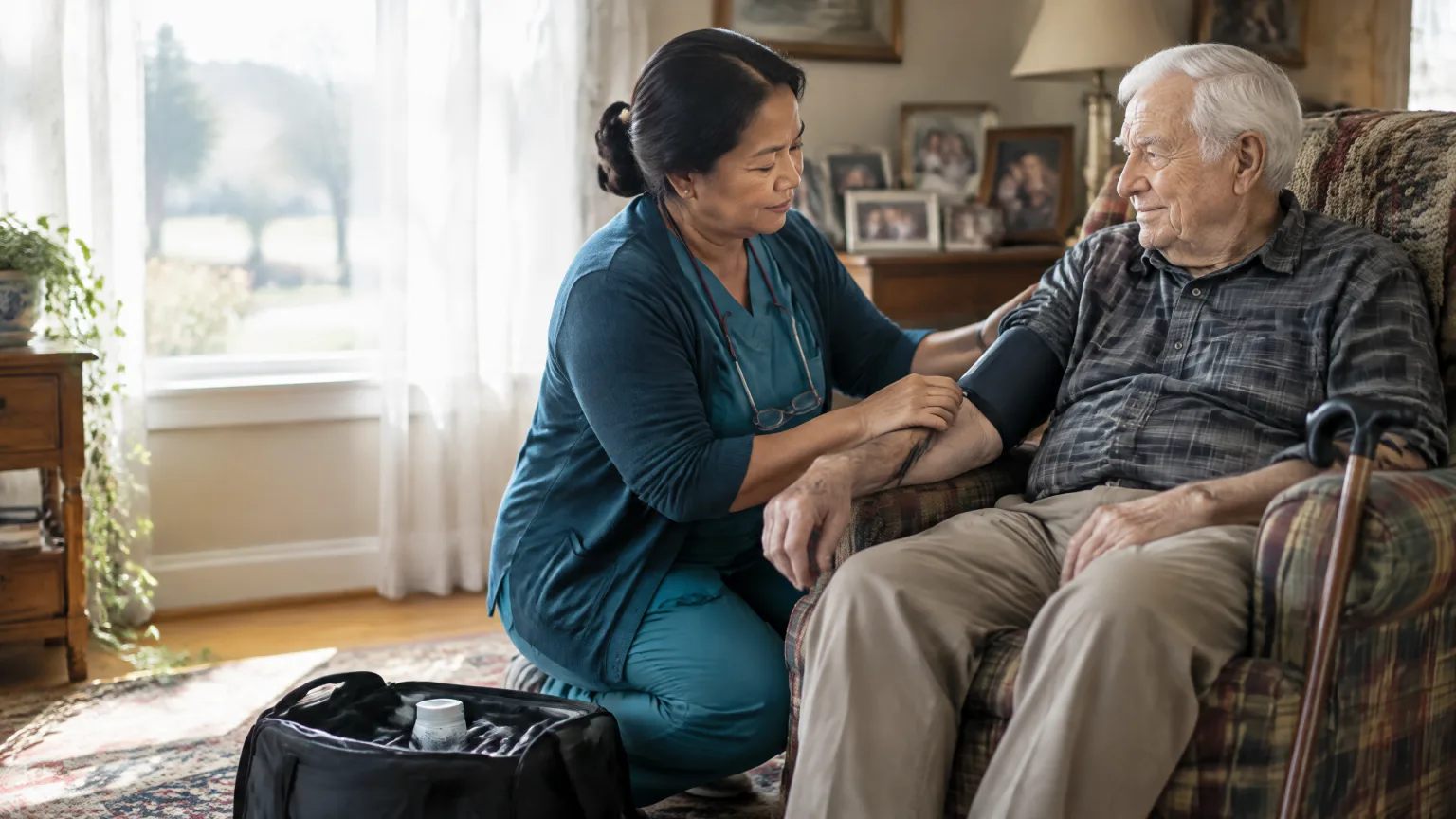 A home health nurse in her fifties takes an elderly man’s blood pressure as he sits in an armchair in his sunlit living room.