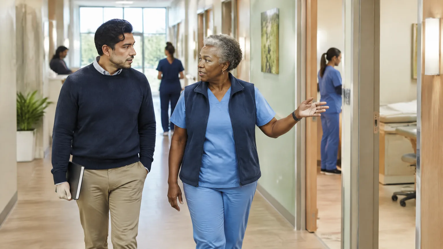 A nurse manager in her sixties walks a job candidate along a bright outpatient clinic hallway, gesturing as the candidate asks a question.