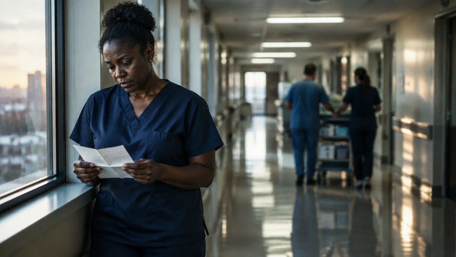 A nurse in navy scrubs pauses by a hospital corridor window at shift change to read a folded letter while colleagues pass behind her.