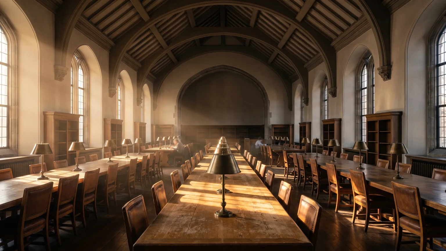 A quiet library reading room in late afternoon, long tables lit by shafts of golden light from tall windows.