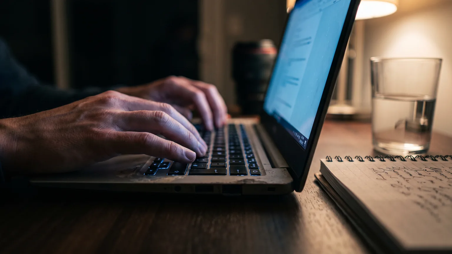 Close view of two hands typing on a laptop keyboard at night, with an open notebook alongside.