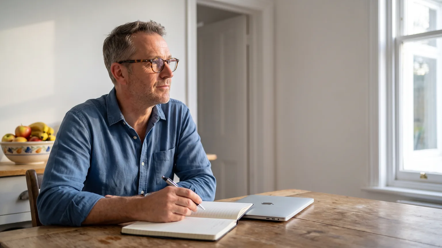 A man in his fifties pauses in thought at a sunlit kitchen table, pen held over an open notebook.