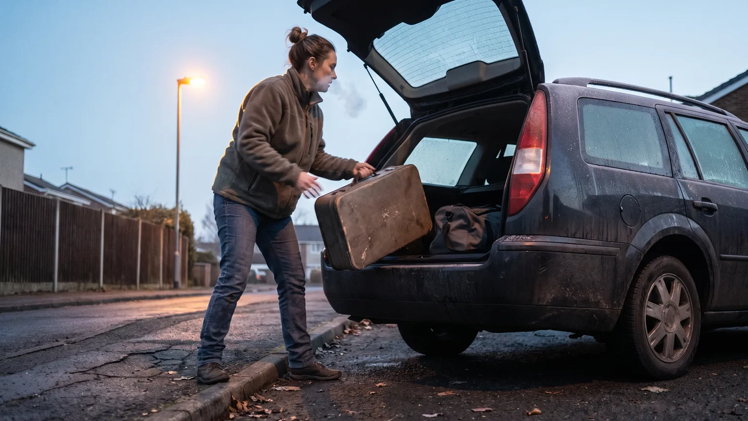 A nurse lifting a suitcase into the boot of a car on a quiet suburban street at first light.
