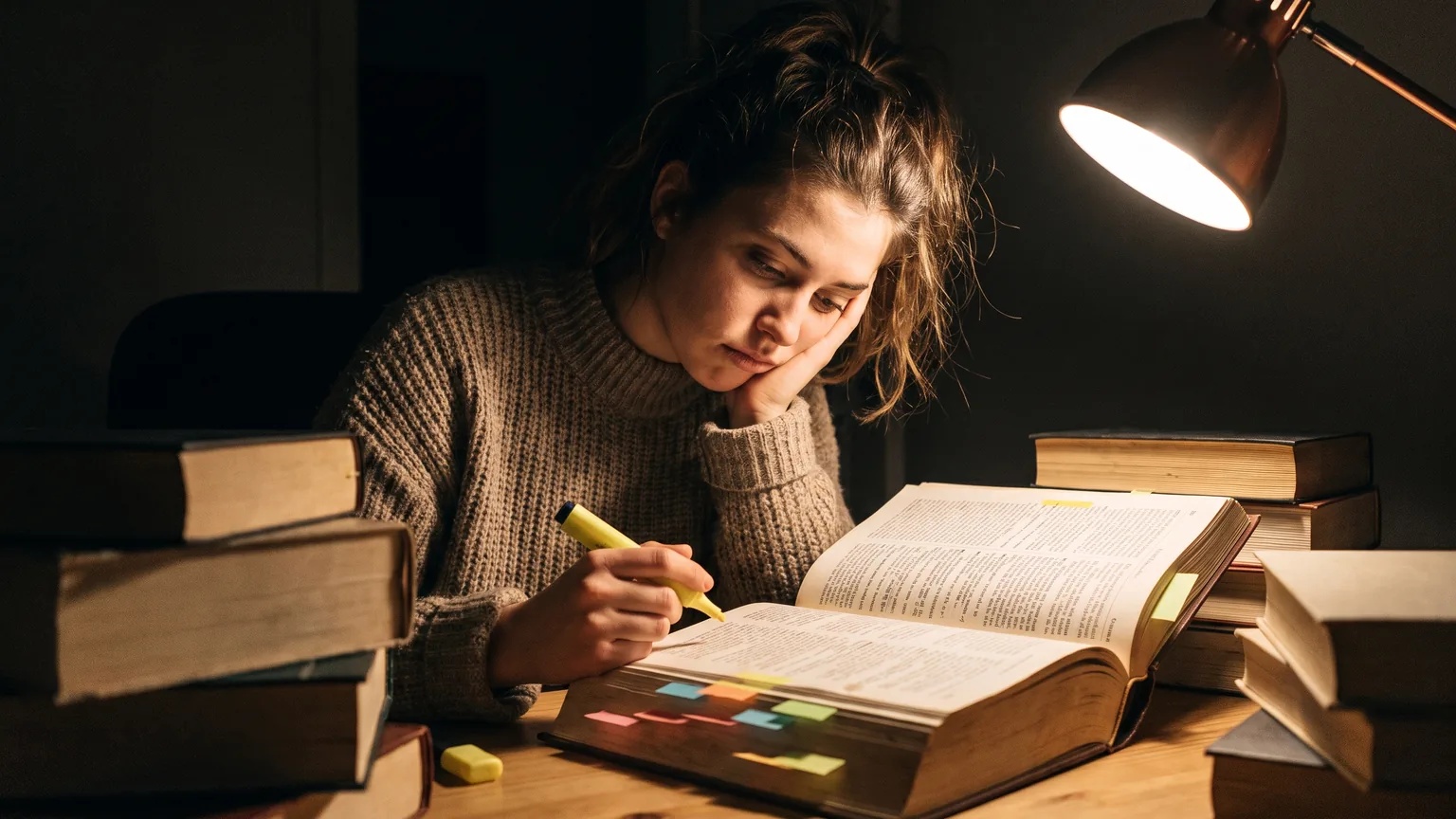 A young woman studying late at a desk stacked with reference books, highlighter in hand.