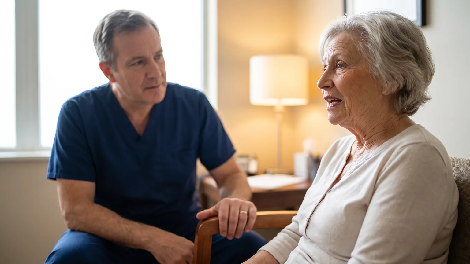 A clinician crouches to eye level beside a seated elderly woman, listening as she speaks.