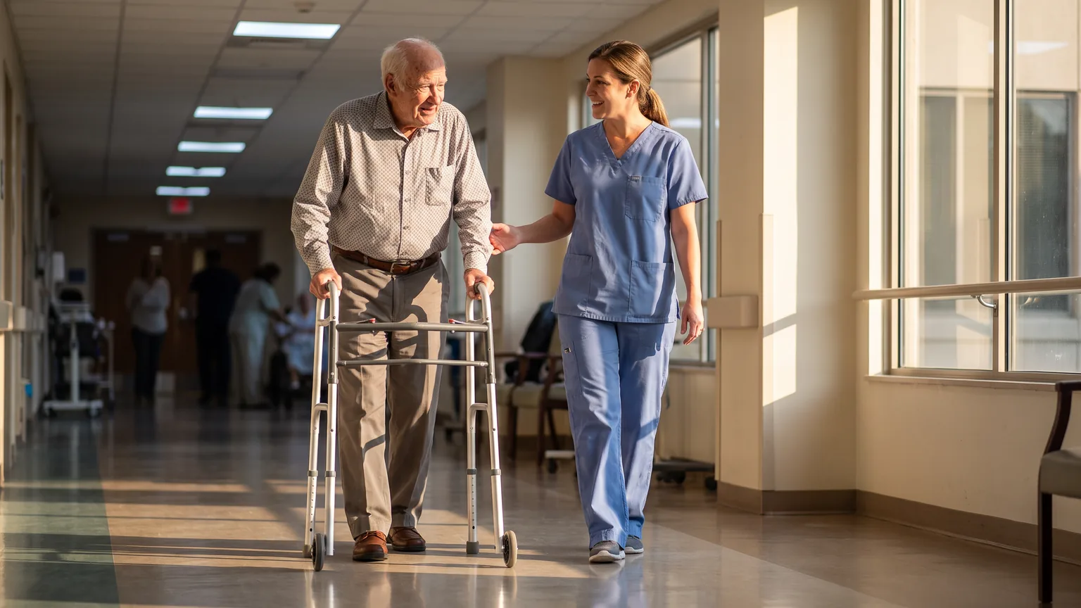 A nurse walking beside an older man using a wheeled walking frame along a sunlit hospital corridor.