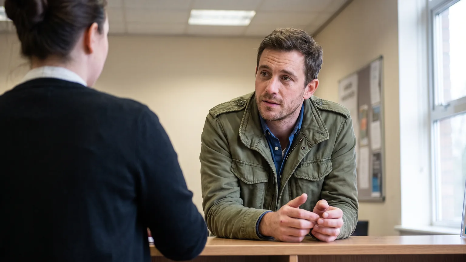 A man in an olive field jacket sits listening across a desk from an adviser at a career resource centre.