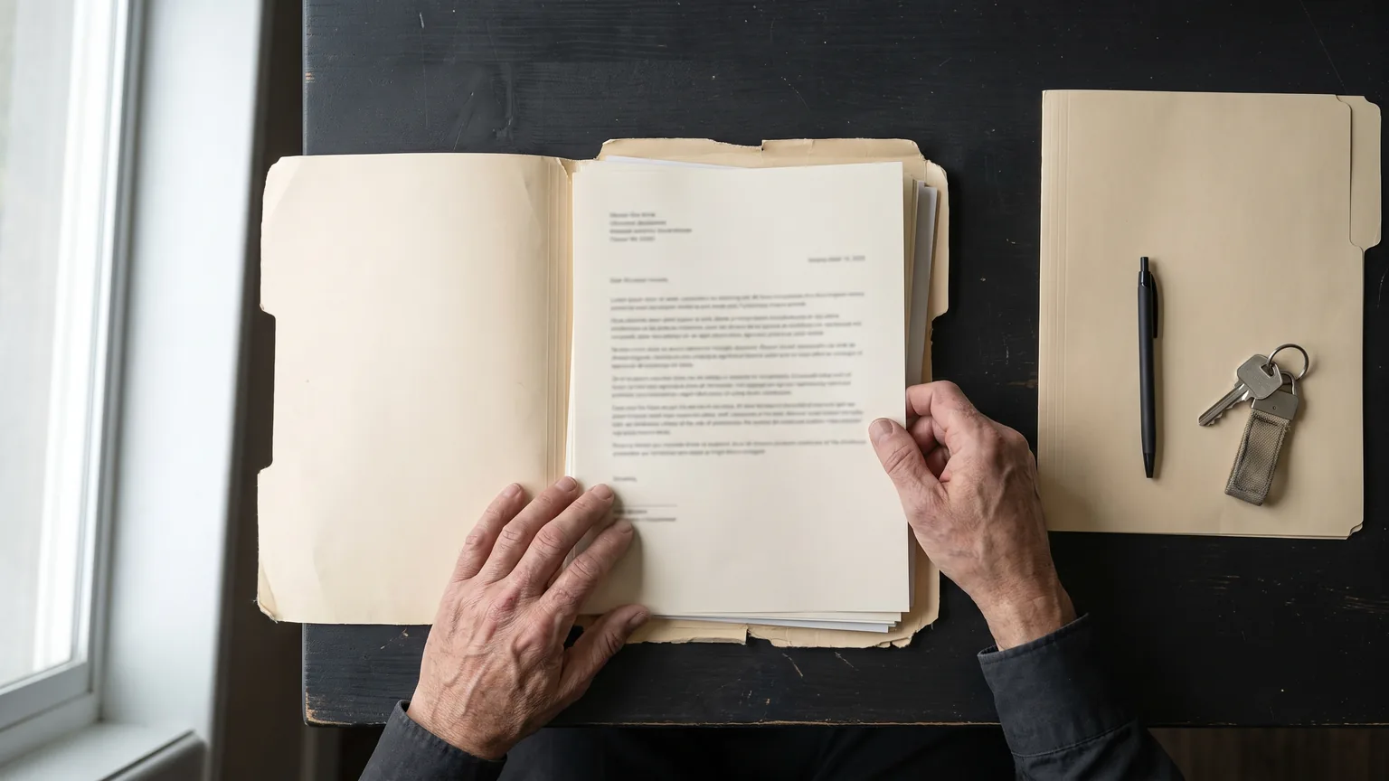Weathered hands squaring a stack of plain documents inside an open manila folder.