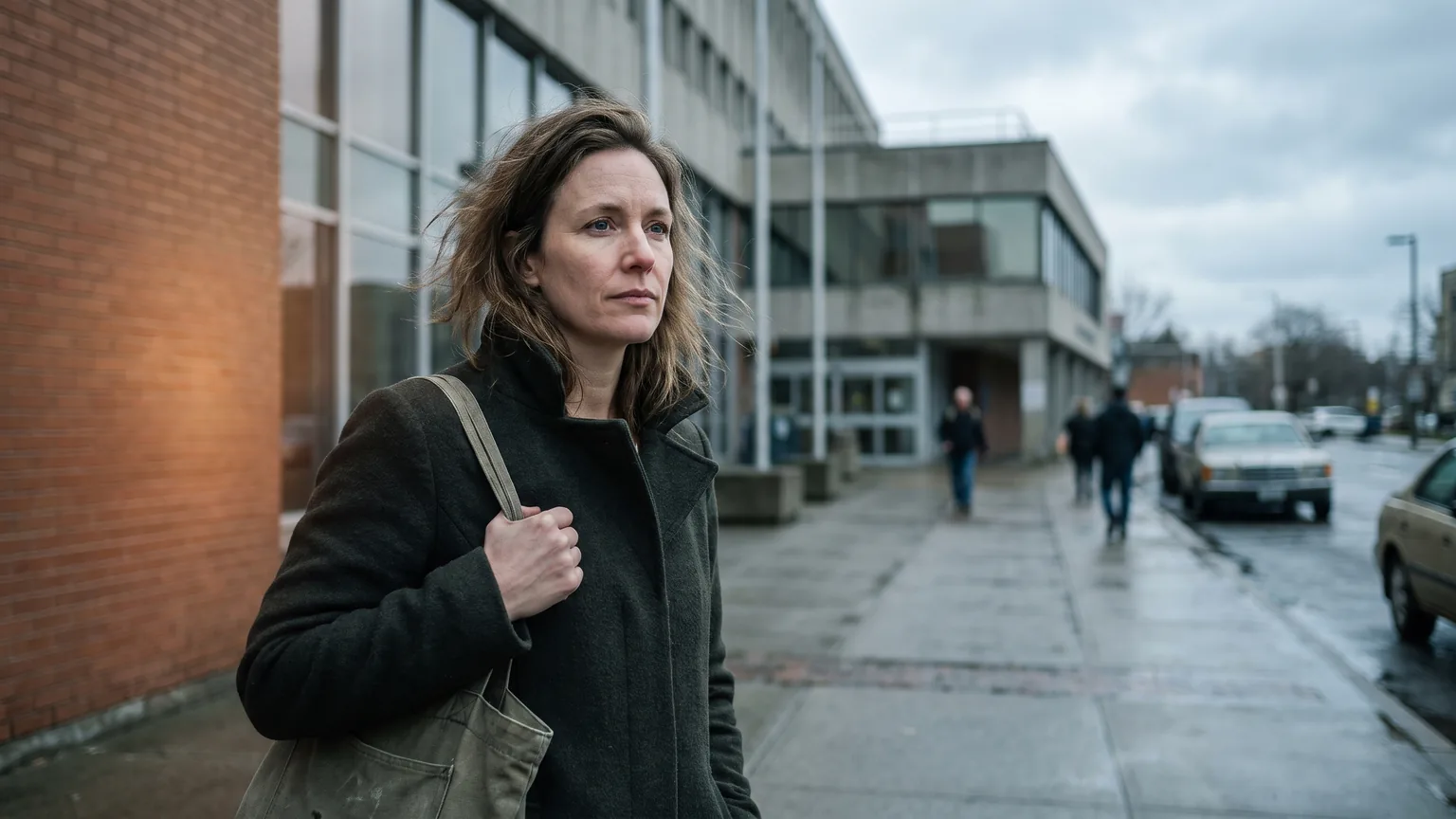 A woman in a dark coat stands on a pavement outside a plain municipal building, looking off into the distance.